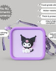 A purple silicone bag with a Kuromi character design and adjustable strap.