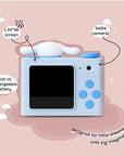 Back view of kiimento Model A Cinnamoroll kids' digital camera showing 1.55” IPS screen, selfie camera, control buttons, and built-in rechargeable battery.