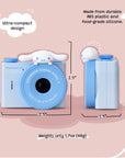 Front and side view of Kidamento Model A Cinnamoroll kids' digital camera with size and weight details, highlighting its ultra-compact 2.5" design and lightweight 1.7oz build.