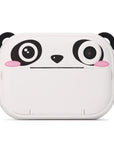 Front view of the Kidamento Model P Koko the Panda camera showing thermal printing paper for instant black-and-white prints