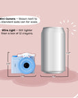 A light blue Cinnamoroll mini camera shown next to a soda can for size comparison.