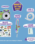 Buzz Lightyear digital mini camera with accessories including a sticker sheet, hand strap, USB-C charger, and 16GB memory card.