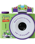 Front view of the Digital Disney Buzz Lightyear Model A mini camera featuring a lime green body, purple accents, and a white lens barrel with Toy Story branding.