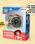 Retail packaging for the Disney Jessie Mini Camera featuring Toy Story 4 graphics and a clear window displaying the cowprint-themed camera.