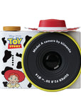 Front view of the Disney Jessie Model A mini camera featuring a cowhide print body, a red lens barrel, and Toy Story branding.