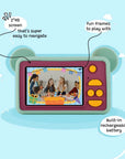 Back view of kiimento Model C Bear kids digital camera showing screen interface, fun frames, and control buttons.