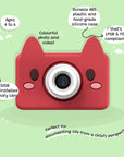 Front of Kidamento Model C Fox kids camera with labeled features including memory, age range, and safety materials
