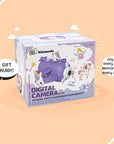 Retail packaging of Kidamento Model V unicorn kids digital camera. Gift-ready box features playful unicorn airplane design and highlights 5MP camera, selfie mode, and screen-free fun for ages 3 to 9.