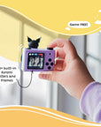 kids-digital-camera-model-a-kuromi-hands-backscreen-kidamento showing built-in filters and frames.