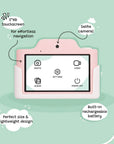 Back view of the kiimento Meowie the Cat digital camera showcasing the 3-inch HD touchscreen, selfie camera, photo and video modes, settings, album, and built-in rechargeable battery.
