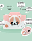 Front view of the Kidamento Meowie the Cat digital camera with attached lens cap, pink silicone shell, durable ABS plastic, 32GB memory card, and colorful photo and video features for kids ages 5 to 8.