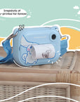 Kidamento Model P Cinnamoroll kids’ digital camera placed on a wicker table, actively printing a black-and-white photo. The scene is framed by a colorful illustrated background with the caption “Snapshots of joy—printed for forever.”