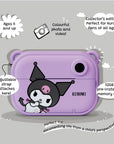 Kids digital camera Model P Kuromi Kidamento – adjustable strap attachment point and 32GB memory, on gray background