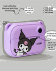 Kids digital camera Model P Kuromi Kidamento – showcasing instant thermal print feature on gray background