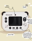 Kids digital camera Model P Panda by Kidamento shown from the back, featuring a selfie camera, 2.4'' HD screen, and buttons for printing and digital photos. And it's game free.