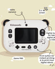 Kids digital camera Model P Panda by kiimento shown from the back, featuring a selfie camera, 2.4'' HD screen, and buttons for printing and digital photos. And it's game free.
