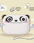 Kids digital camera Model P Panda by Kidamento shown from the front, featuring a cute panda face design, video lens, and strap-friendly ears.