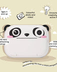 Kids digital camera Model P Panda by kiimento shown from the front, featuring a cute panda face design, video lens, and strap-friendly ears.