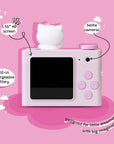 Hello Kitty Model A Kids Digital Camera - Back View with Labels for 1.55-inch IPS Screen, Selfie Camera, and Built-in Rechargeable Battery.