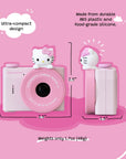 Hello Kitty Model A Kids Digital Camera - Front and Side View with Dimensions (2.5 x 2.5 x 1.5 inches), ultra-compact design, made from durable ABS plastic and food-grade silicone, weighing 1.7oz (48g).