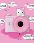 Hello Kitty Model A Kids Digital Camera - Front View Highlighting Features: Exclusive Hello Kitty Design, 32GB Memory, Photo and Video Capture, Ages 3 to 5, Silicone Lens Protection Ring, Compact but Powerful.