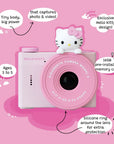 Hello Kitty Model A Kids Digital Camera - Front View Highlighting Features: Exclusive Hello Kitty Design, 32GB Memory, Photo and Video Capture, Ages 3 to 5, Silicone Lens Protection Ring, Compact but Powerful.