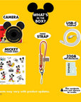 Mickey Mouse mini camera with accessories including a sticker sheet, hand strap, USB-C charger, and 32GB memory card.