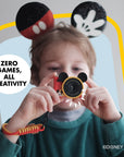 Mickey Mouse mini camera with Mickey ears and a yellow and red wrist strap.