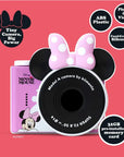 pink Minnie kids camera front view with labeled features