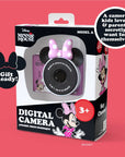 pink Minnie kids camera in retail packaging for age 3+
