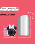 Minnie Mouse mini camera shown next to a standard soda can for size comparison.