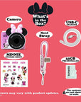 pink Minnie kids camera bundle with strap, USB-C cable, and 32GB card