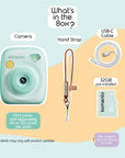 Mint Print Pro Camera with accessories including a hand strap, USB-C cable, and 32GB SD card.