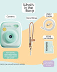 Mint Print Pro Camera with accessories including a hand strap, USB-C cable, and 32GB SD card.