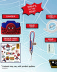 Spider-Man digital camera with accessories including stickers, hand strap, USB-C cable, and 32GB memory card.