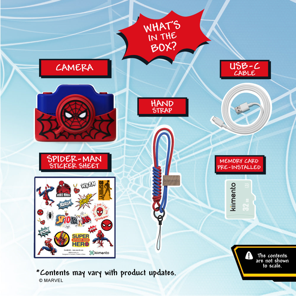 Spider-Man digital camera with accessories including stickers, hand strap, USB-C cable, and memory card.