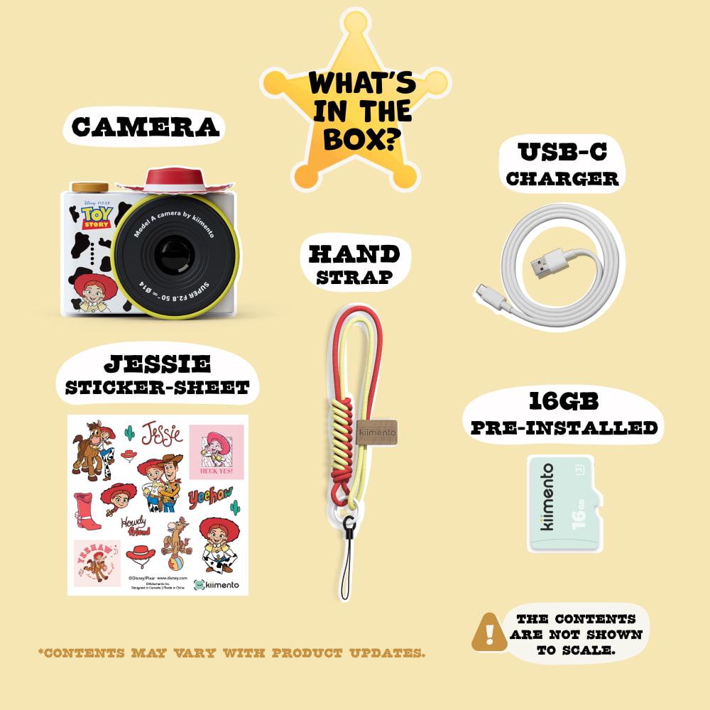 Digital Jessie mini camera with accessories including a sticker sheet, hand strap, USB-C charger, and 16GB memory card. 