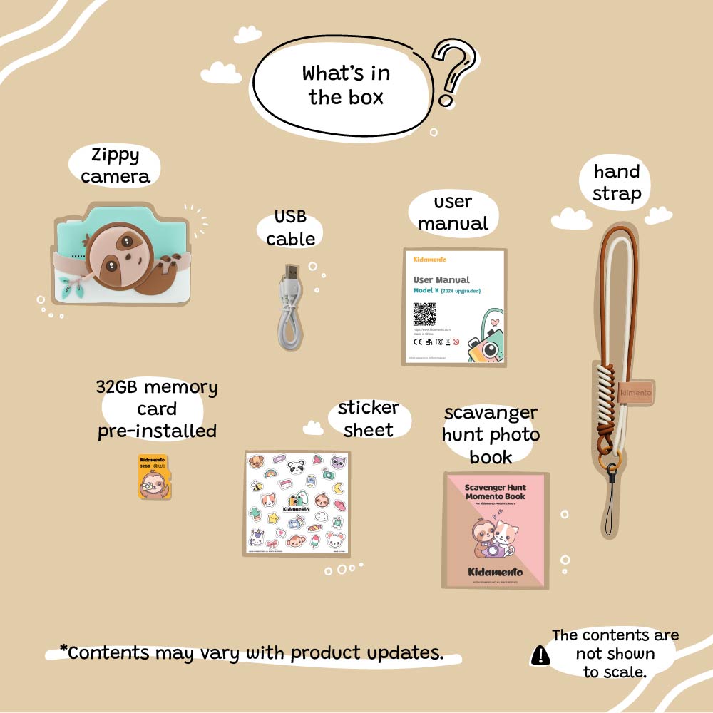 Sloth digital camera with accessories including a USB cable, user manual, memory card, sticker sheet, scavenger hunt book, and hand strap.