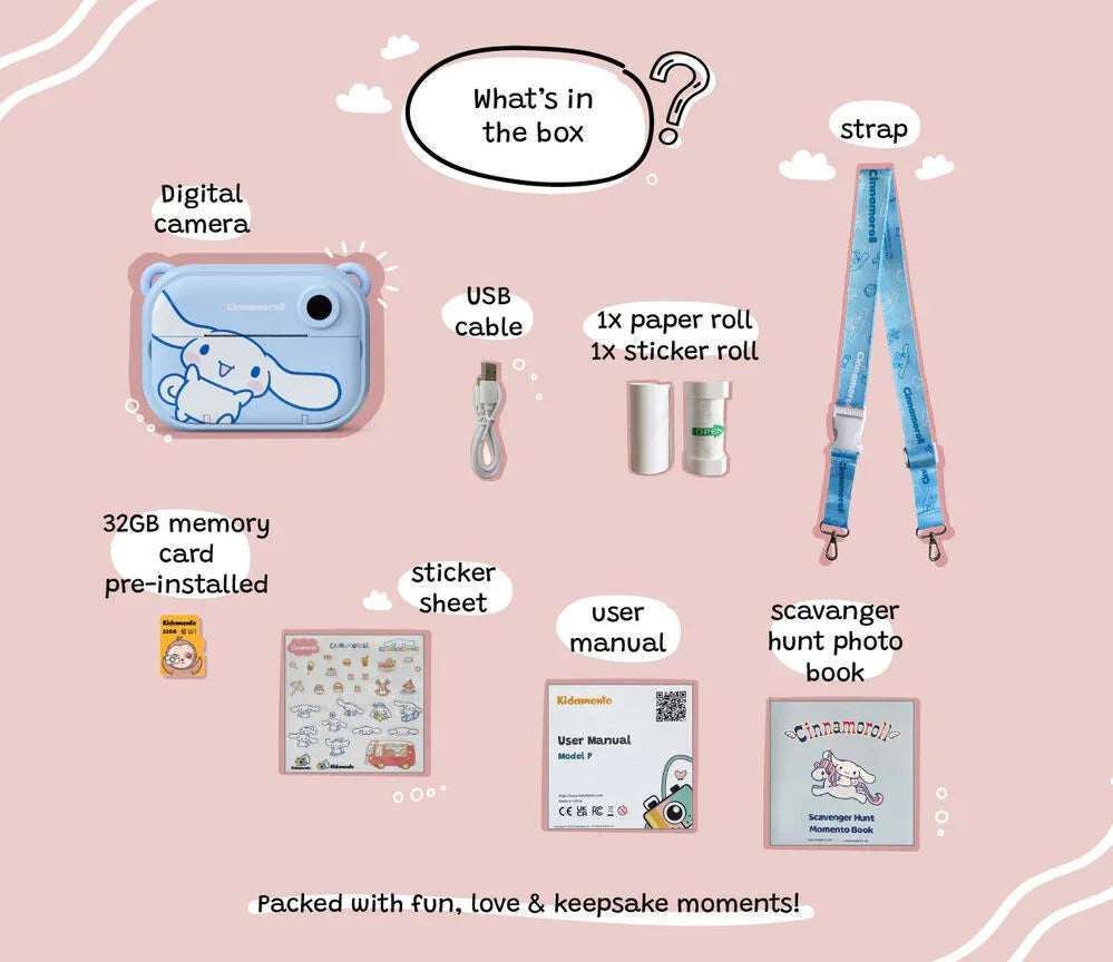 kiimento Sanrio Cinnamoroll Print Camera Model P – whats in box 650x560