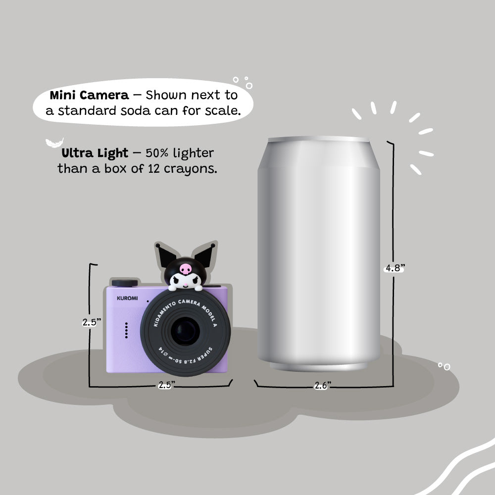 A purple Kuromi mini camera shown next to a standard soda can for size comparison.