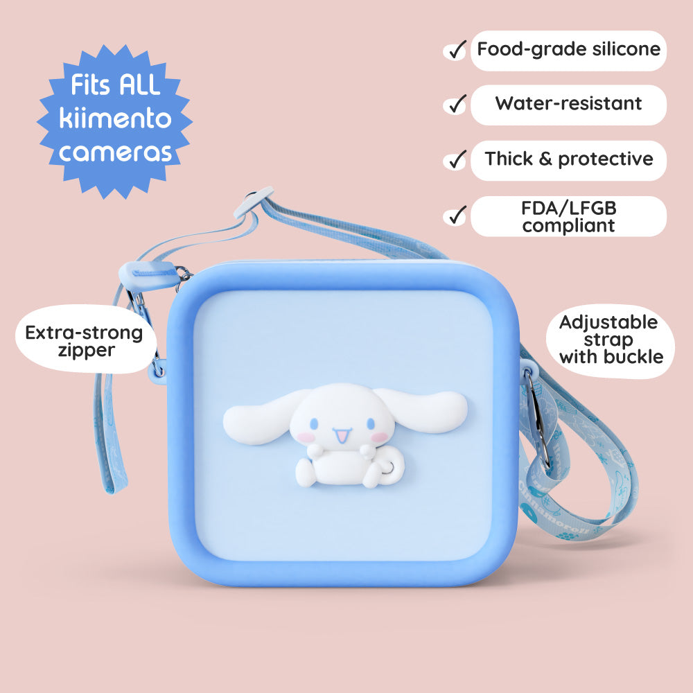 A light blue silicone bag with Cinnamoroll design, featuring an adjustable strap.