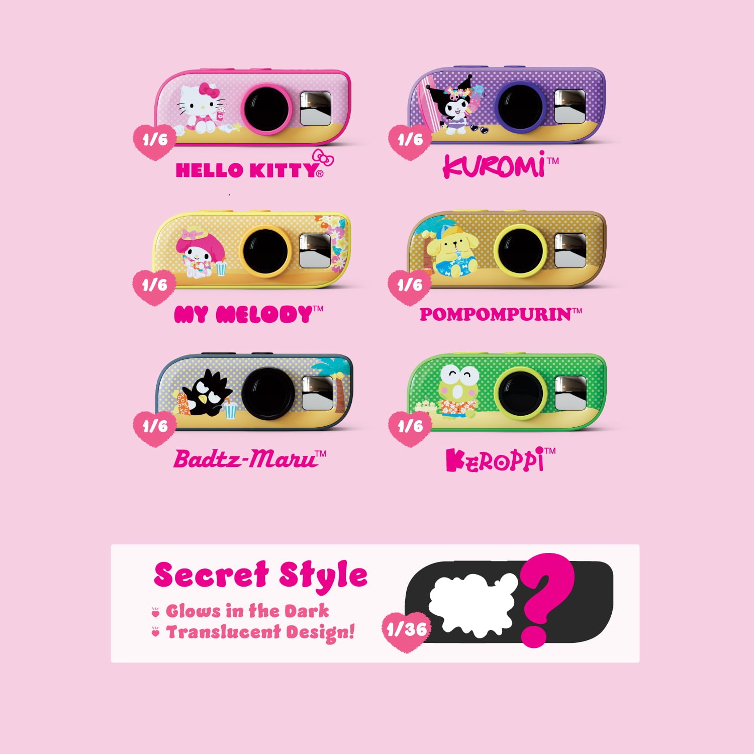 Six kiko Mini Camera Hello Kitty and Friends designs displayed in a grid: Hello Kitty, Kuromi, My Melody, Pompompurin, Badtz-Maru, and Keroppi, each labeled 1/6, with a "Secret Style" 1/36 chase reveal (glow-in-the-dark, translucent design) shown as a silhouette below.