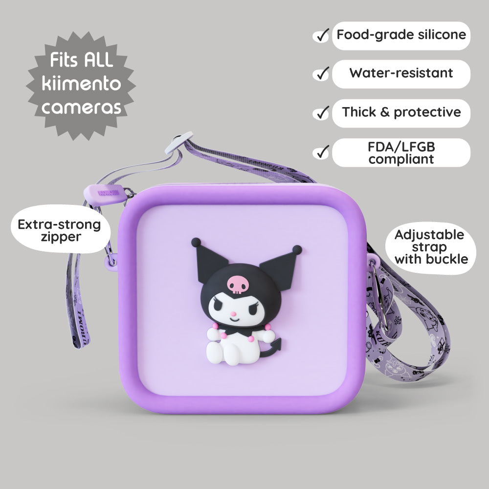 A purple silicone bag with a Kuromi character design and adjustable strap.