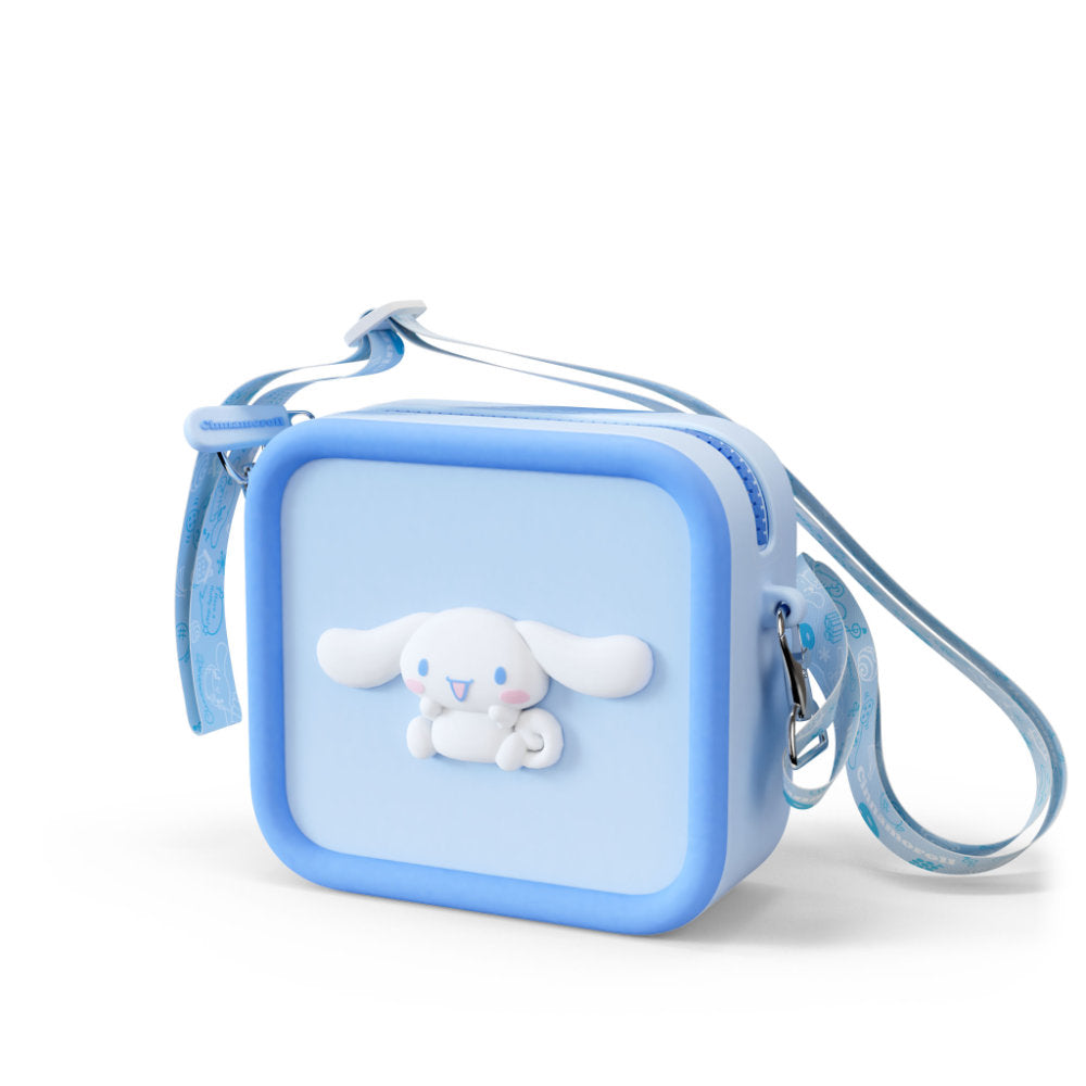 A light blue square silicone bag with a white Cinnamoroll character on the front.
