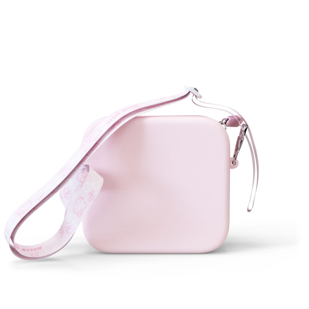 Pink silicone bag with a Hello Kitty patterned strap.