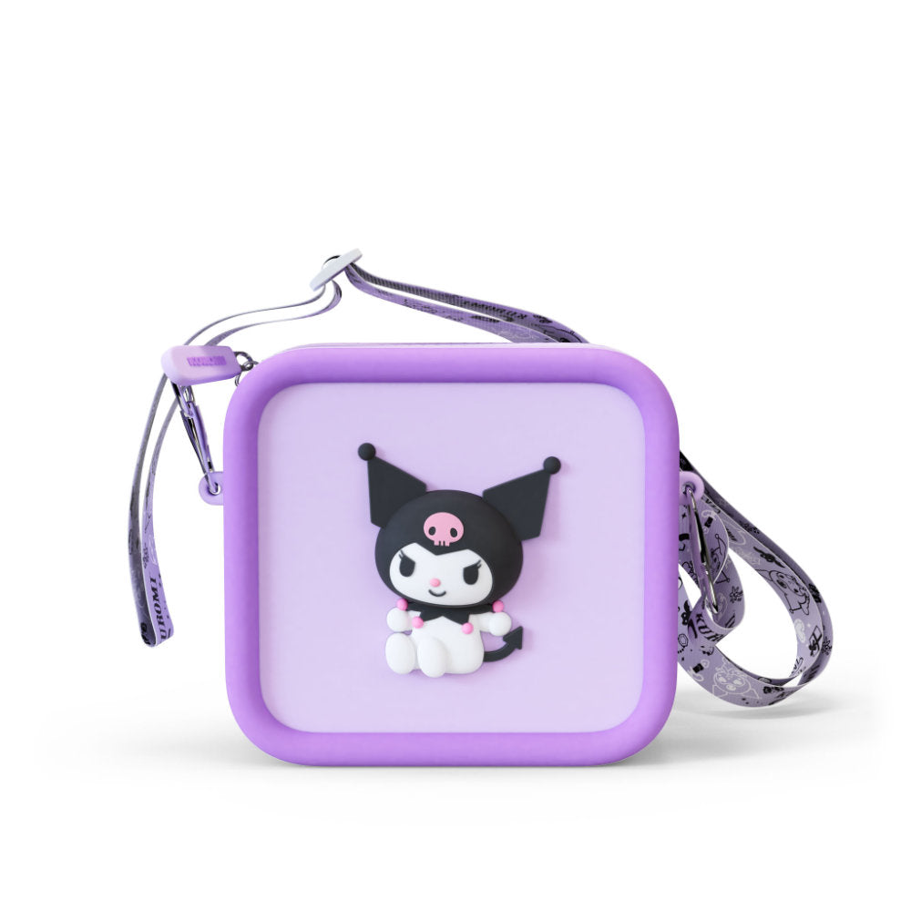Purple silicone Kuromi bag with a Kuromi character design and a patterned strap.