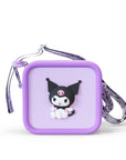 Purple silicone Kuromi bag with a Kuromi character design and a patterned strap.