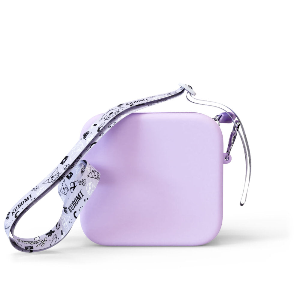 Purple silicone bag with a white strap featuring black Kuromi designs.