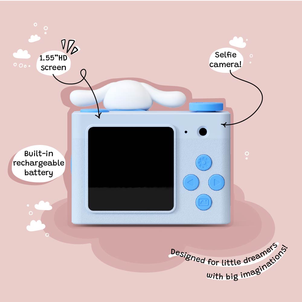 Back view of Kidamento Model A Cinnamoroll kids' digital camera showing 1.55” IPS screen, selfie camera, control buttons, and built-in rechargeable battery.