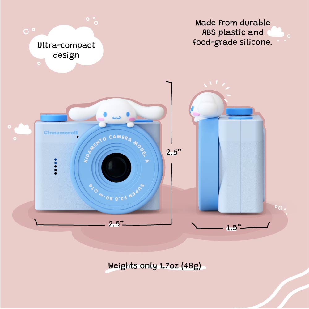 Front and side view of Kidamento Model A Cinnamoroll kids' digital camera with size and weight details, highlighting its ultra-compact 2.5" design and lightweight 1.7oz build.